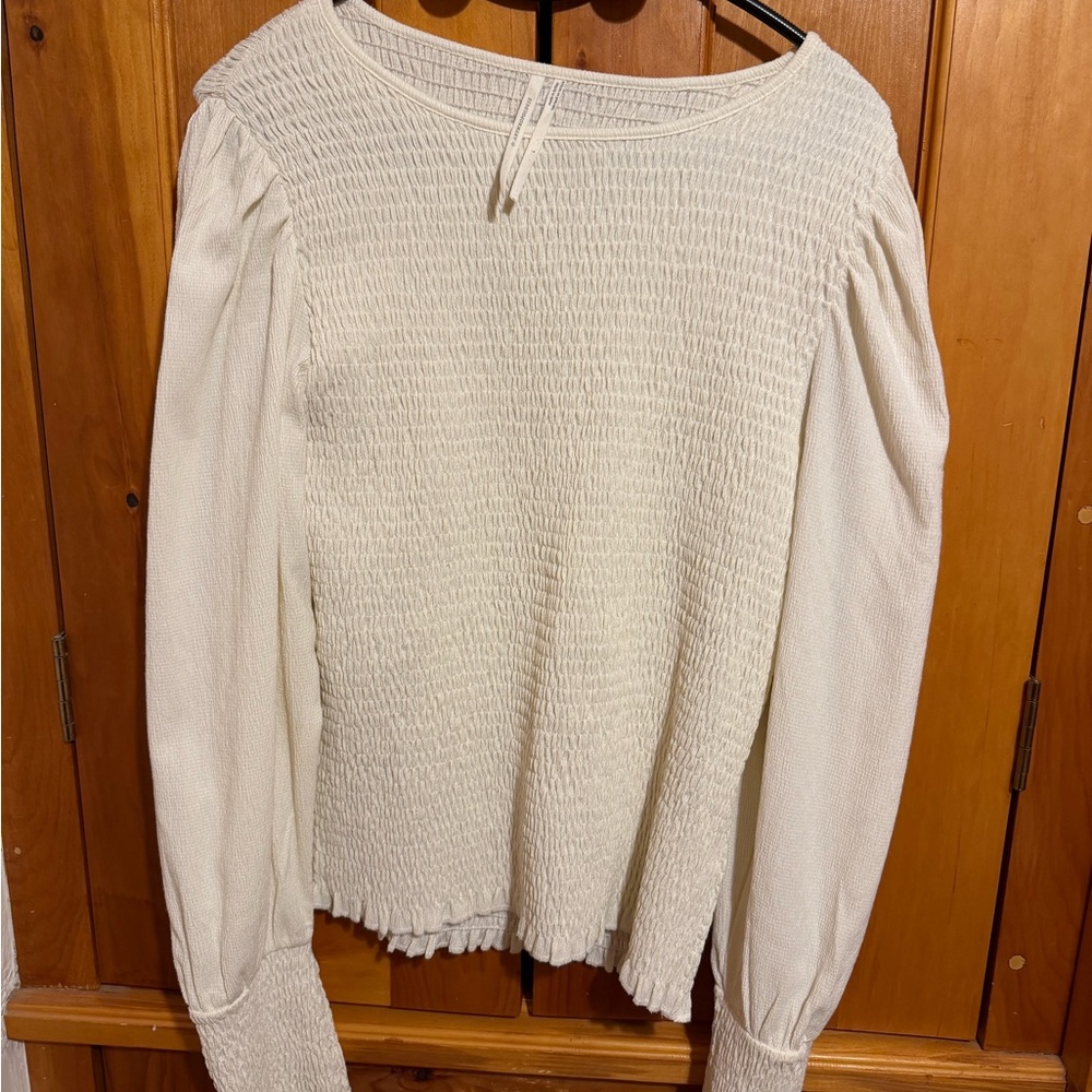Anthropologie Cream Smocked Long Sleeve Top